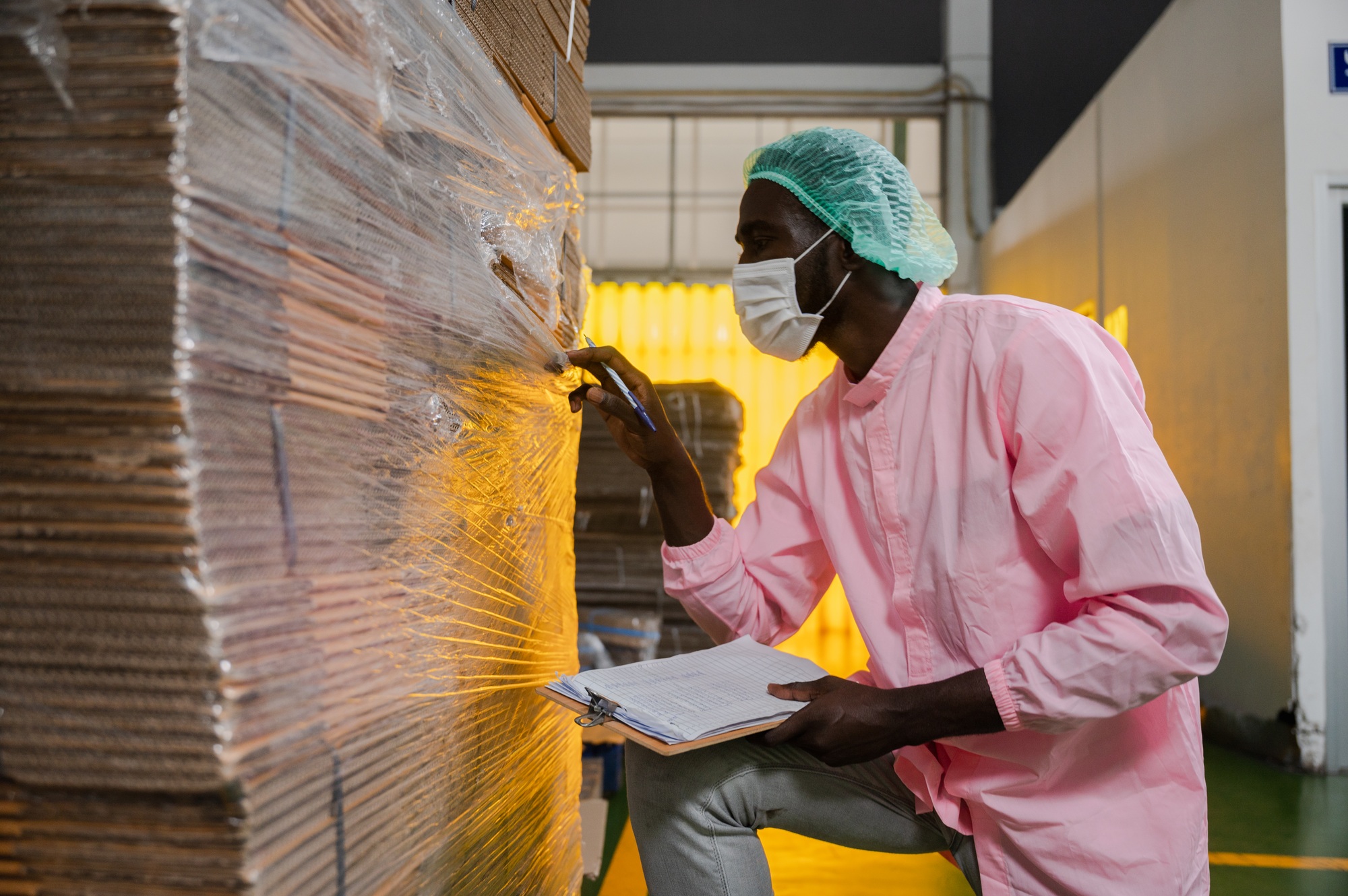 African American man distribution a box package in shipping factory warehouse